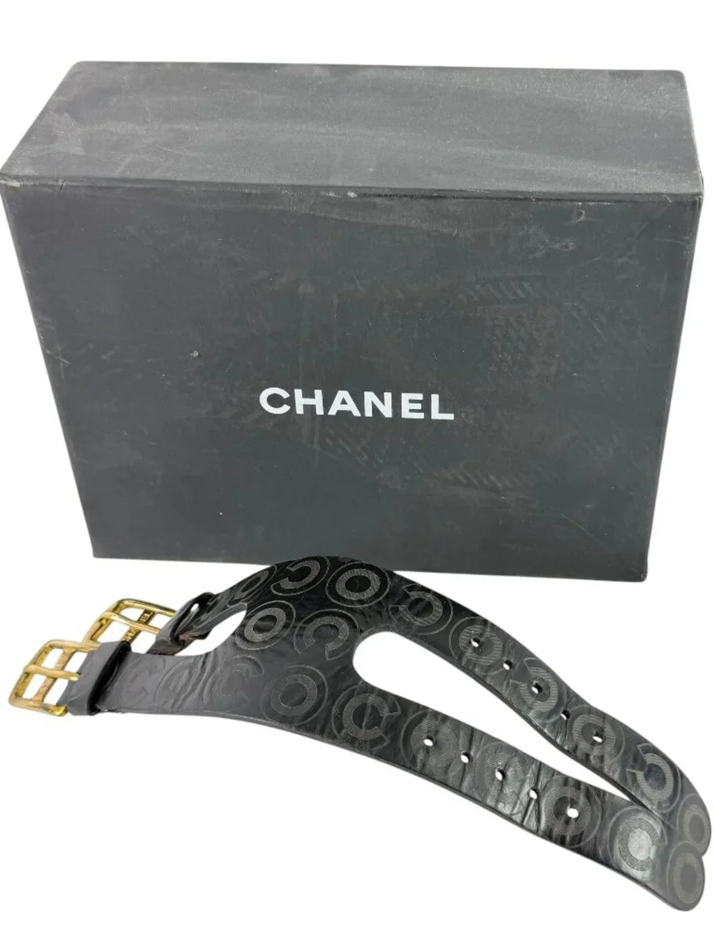 CHANEL Vintage 2001 Black Leather Cuff Bracelet COCO Print Double Buckles